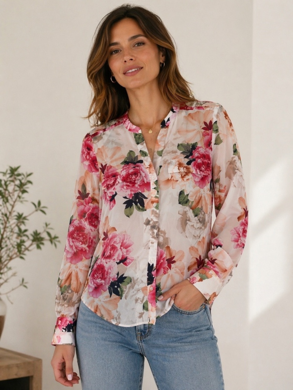 Calvin Klein Sheer Floral Blouse Pink Orange Flowing Lightweight Top Size M